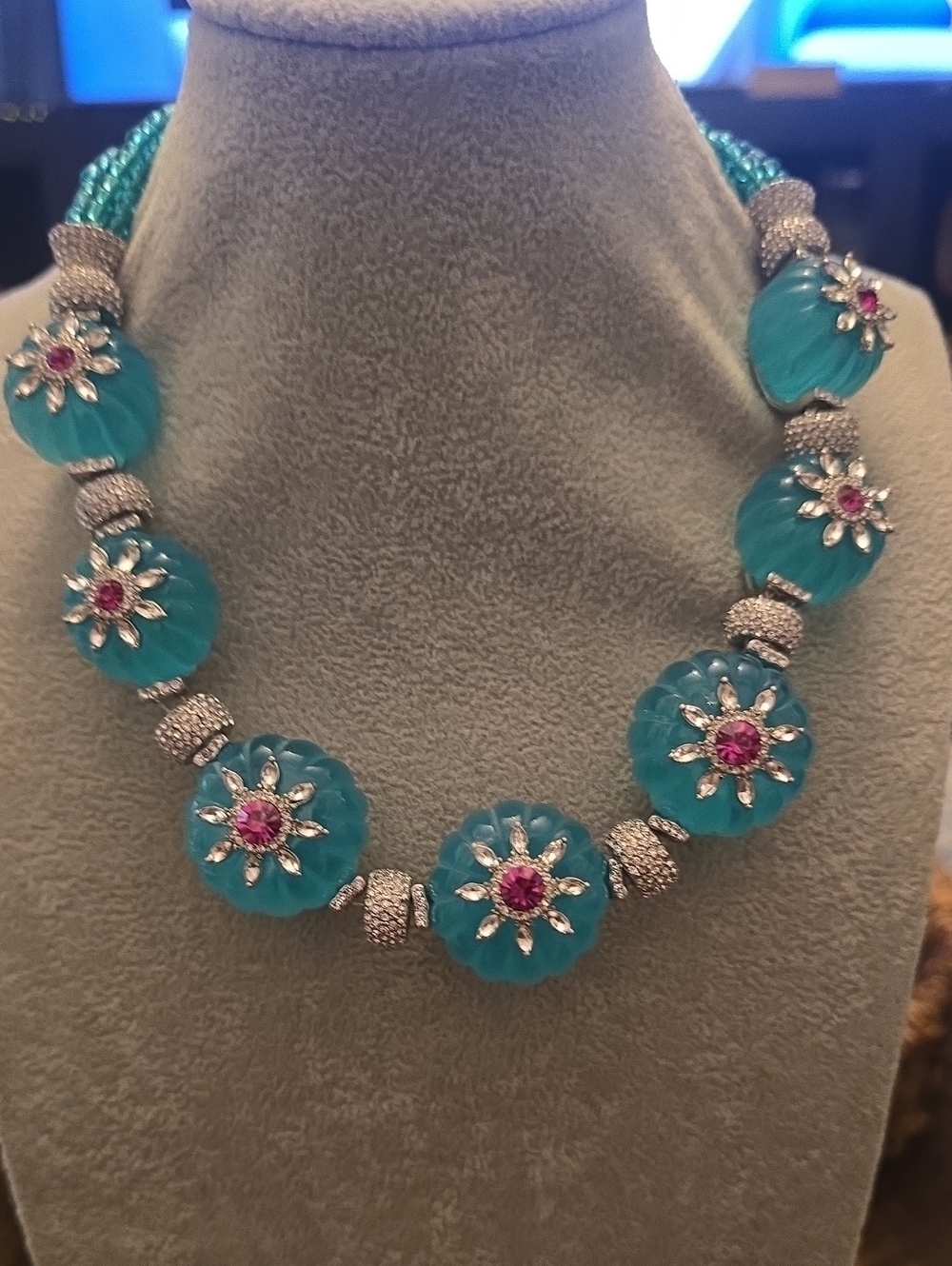 Teal Floral Crystal Necklace With Matching Earrings